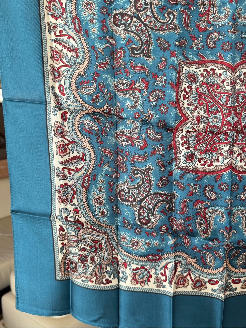 Liberty of London Teal Paisley Silk Scarf with Red and Cream Accents - Picture 4 of 6